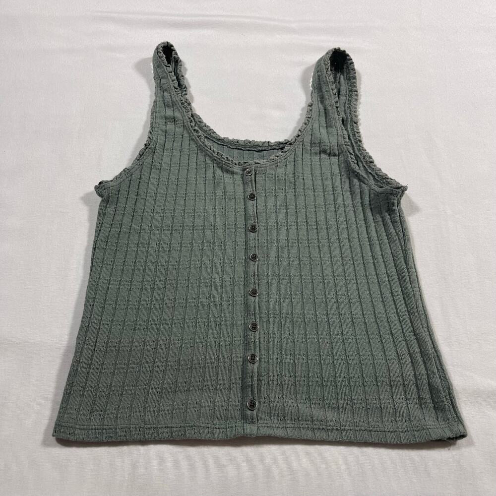 American Eagle Ribbed Henley Tank Top Sage Green Button Front Sleeveless M